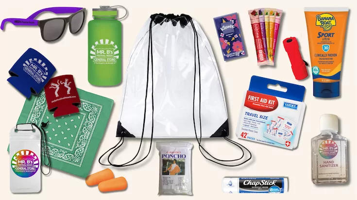 A festival survival pack laid out: clear drawstring bag, branded water bottle, koozies, bandana, sunglasses, poncho, earplugs, first aid kit, sunscreen, hand sanitizer and ChapStick