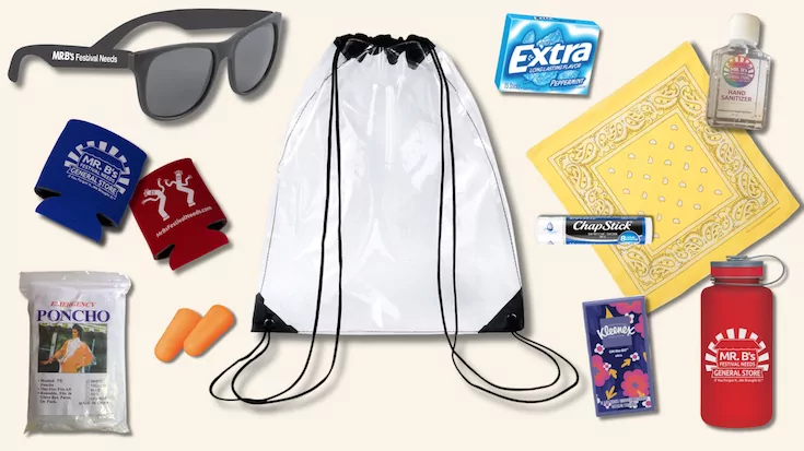 A lighter survival pack: clear drawstring bag, branded sunglasses, koozies, bandana, poncho, earplugs, gum, tissues, ChapStick, hand sanitizer and a red water bottle