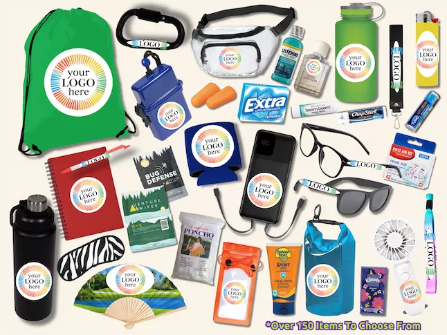 Over 150 brandable items to choose from: bags, bottles, koozies, power banks, sunglasses, fans, wipes, sunscreen and first aid kits
