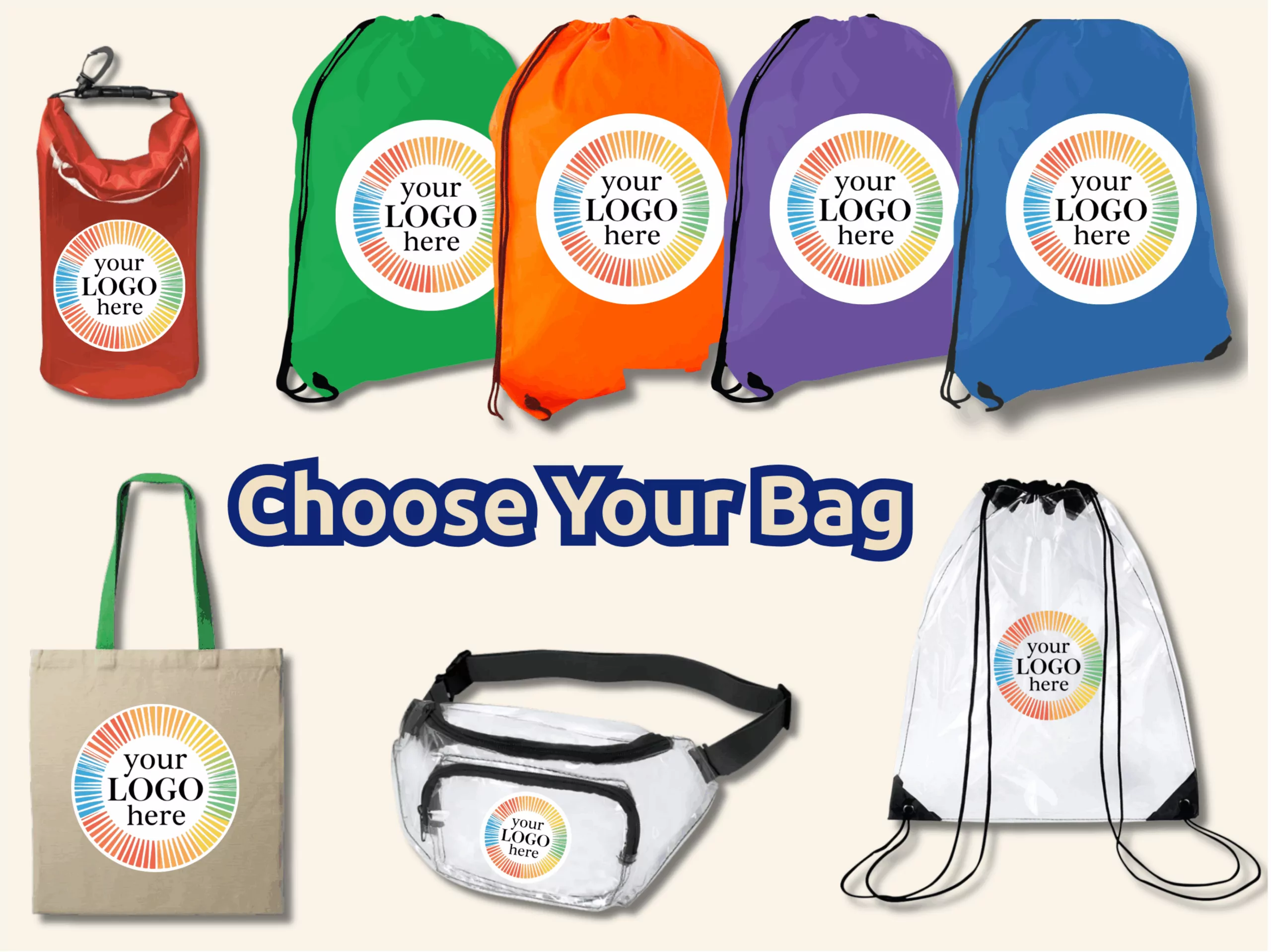 Step 1, choose your bag: drawstring packs, totes, fanny packs and dry bags, each printed with your logo