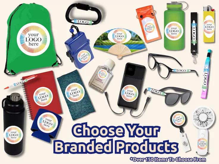 Step 2, choose your branded products: over 150 items including water bottles, power banks, sunglasses, fans and koozies