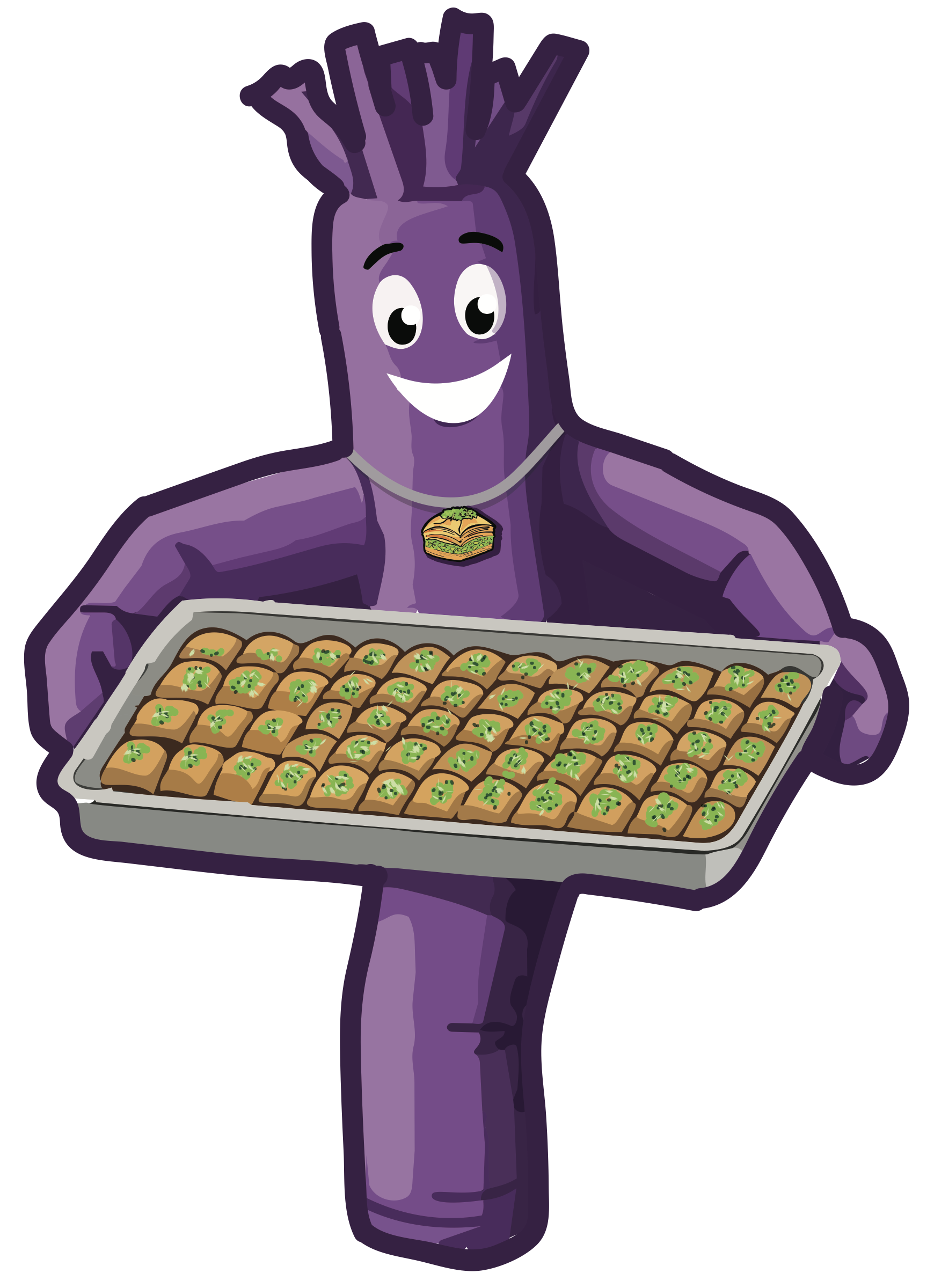 Mr. B's mascot serving a tray of Good Baklava