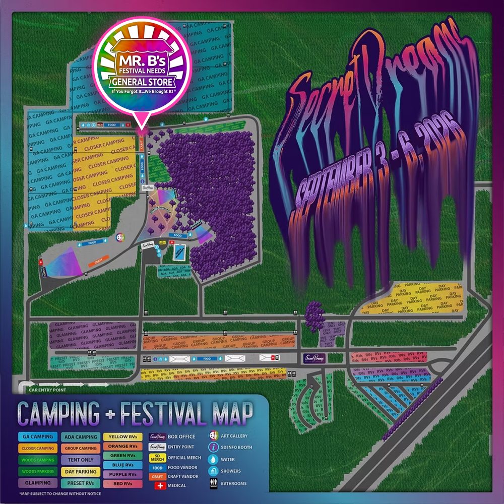 Secret Dreams venue map with the Mr. B's General Store marked at the vendor strip beside Closer Camping